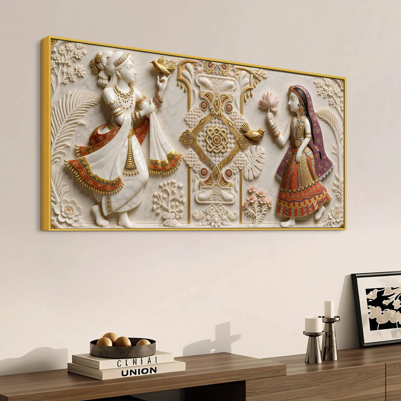 Royal Indian Folk Couple with Lotus & Birds 3D Canvas Wall Painting