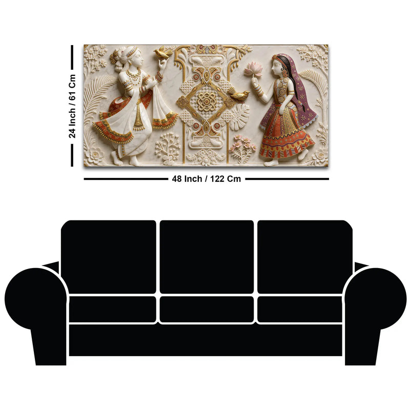 Royal Indian Folk Couple with Lotus & Birds 3D Canvas Wall Painting
