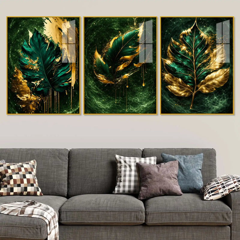 Royal Leaf Floating Acrylic Wall Decor Painting Set of 3