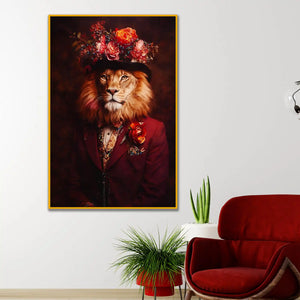Royal Lion Portrait in Floral Hat Floating Frame Crystal Wall Painting