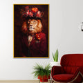 Royal Lion Portrait in Floral Hat Metal Floating Frame Crystal Wall Painting