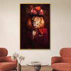 Royal Lion Portrait in Floral Hat Metal Floating Frame Crystal Wall Painting