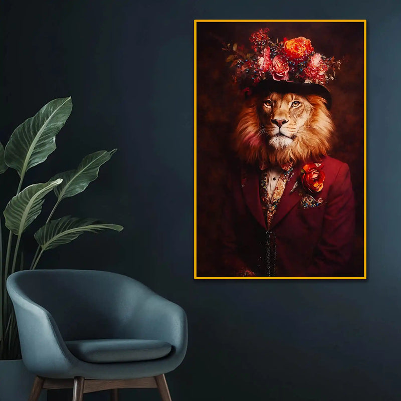Royal Lion Portrait in Floral Hat Metal Floating Frame Crystal Wall Painting