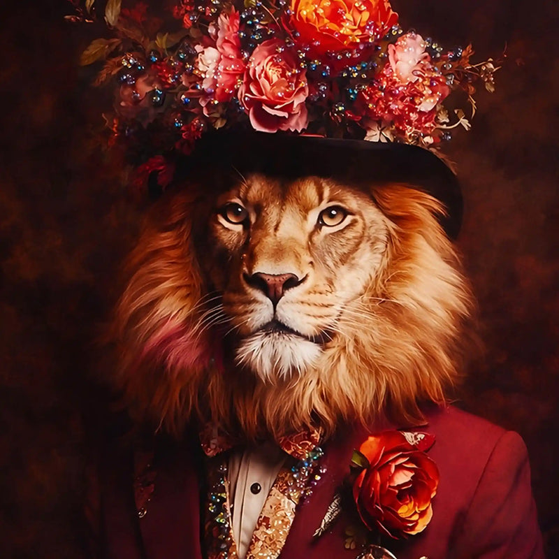 Royal Lion Portrait in Floral Hat Metal Floating Frame Crystal Wall Painting