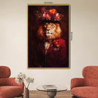 Royal Lion Portrait in Floral Hat Metal Floating Frame Crystal Wall Painting