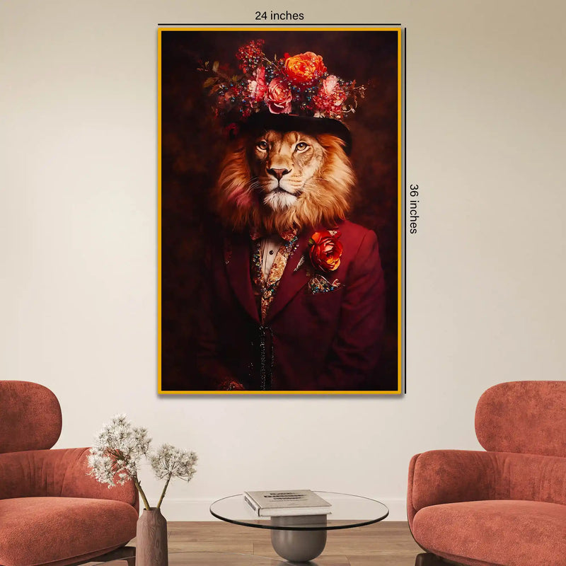Royal Lion Portrait in Floral Hat Metal Floating Frame Crystal Wall Painting
