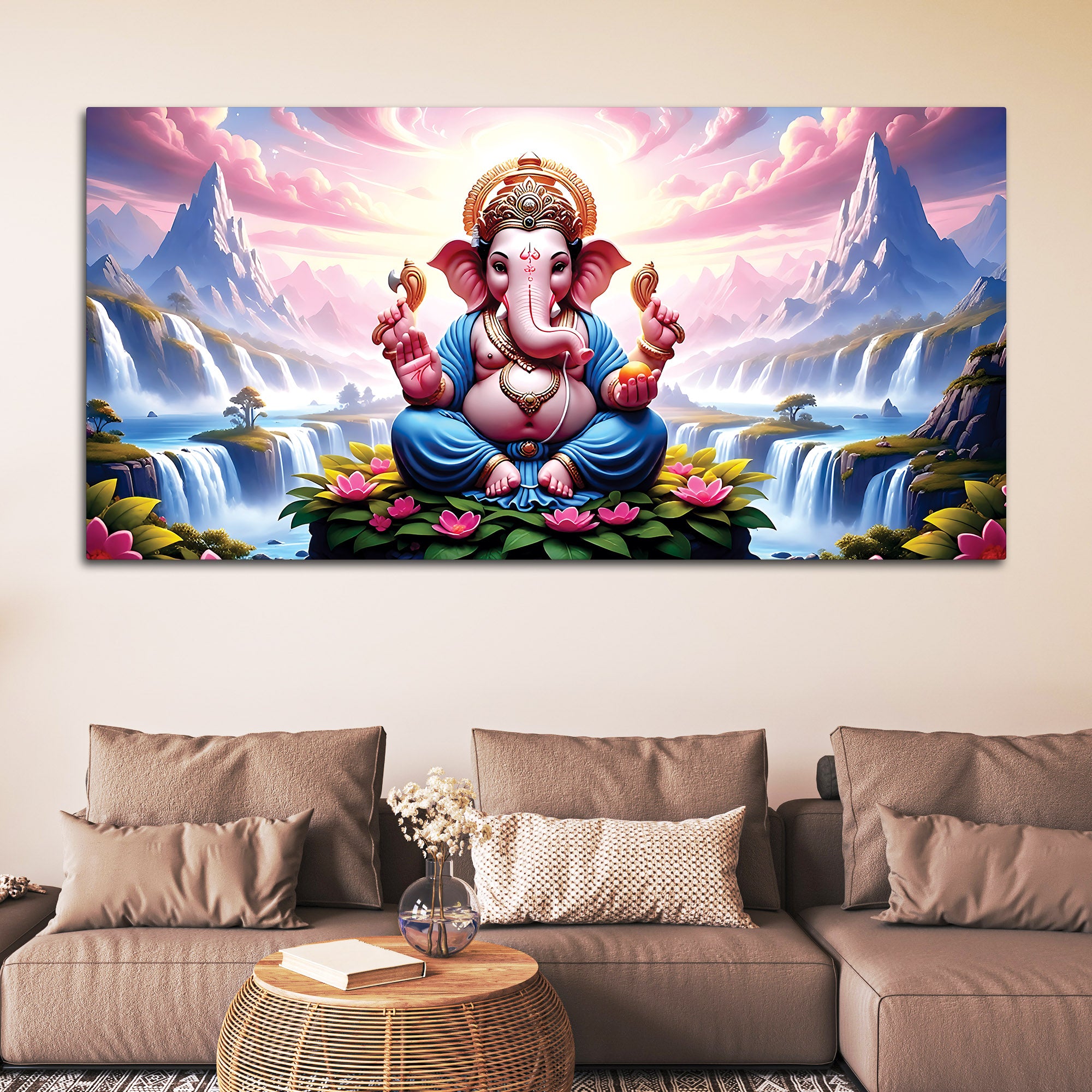 Royal Lord Ganesha Sitting Between Mountains & Waterfall Canvas Wall Painting For Home & Pooja Spaces – Modern Spiritual Wall Art