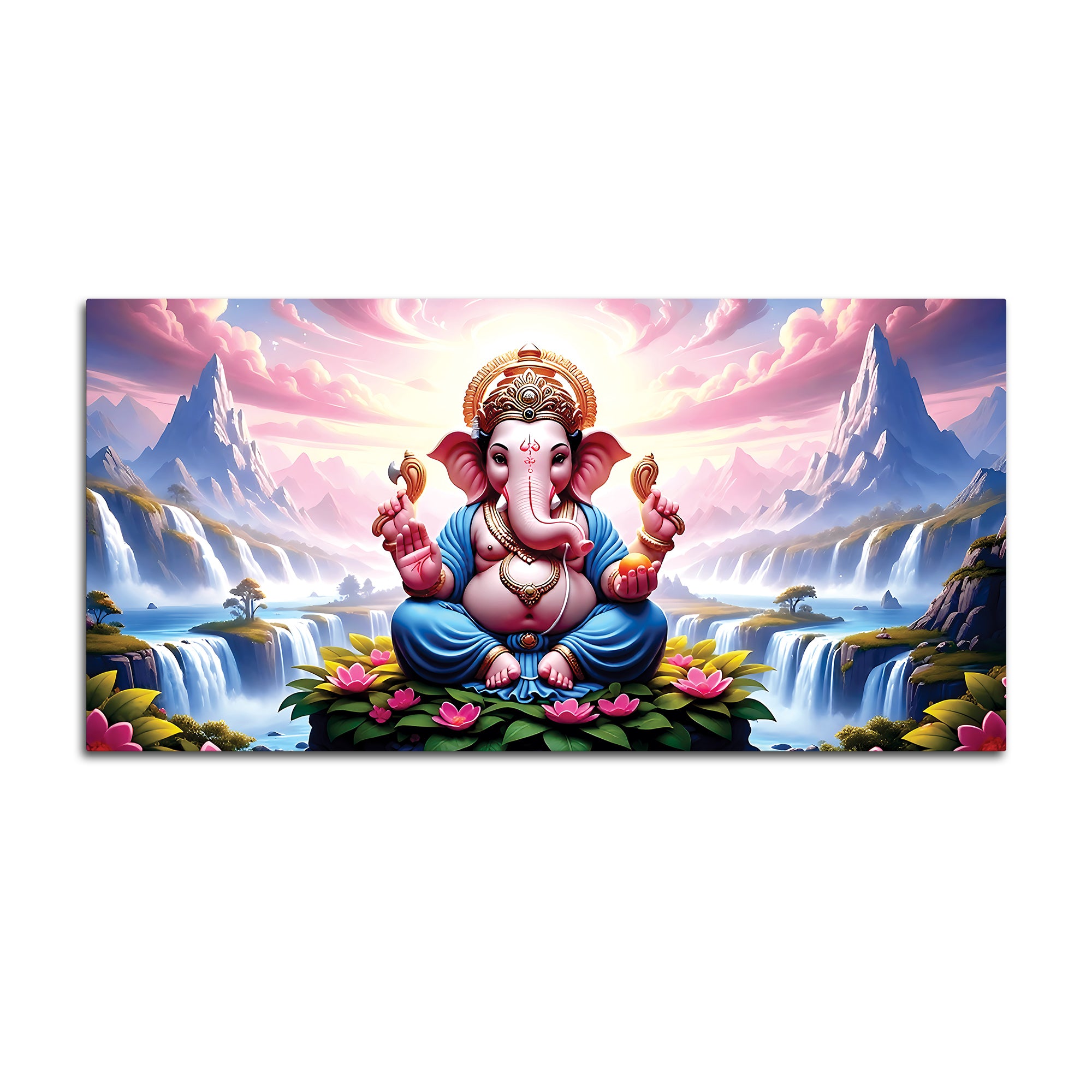 Royal Lord Ganesha Sitting Between Mountains & Waterfall Canvas Wall Painting For Home & Pooja Spaces – Modern Spiritual Wall Art