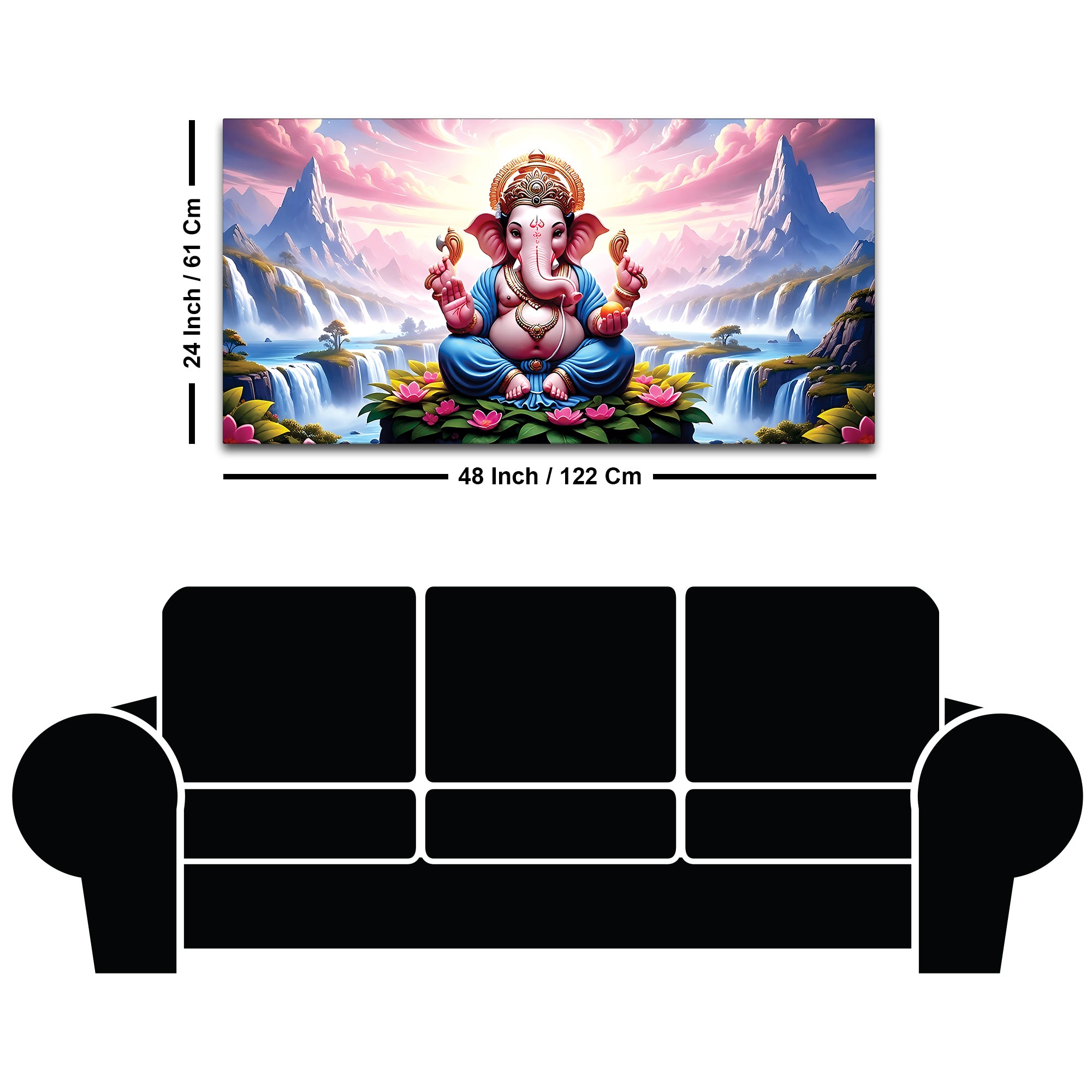 Royal Lord Ganesha Sitting Between Mountains & Waterfall Canvas Wall Painting For Home & Pooja Spaces – Modern Spiritual Wall Art