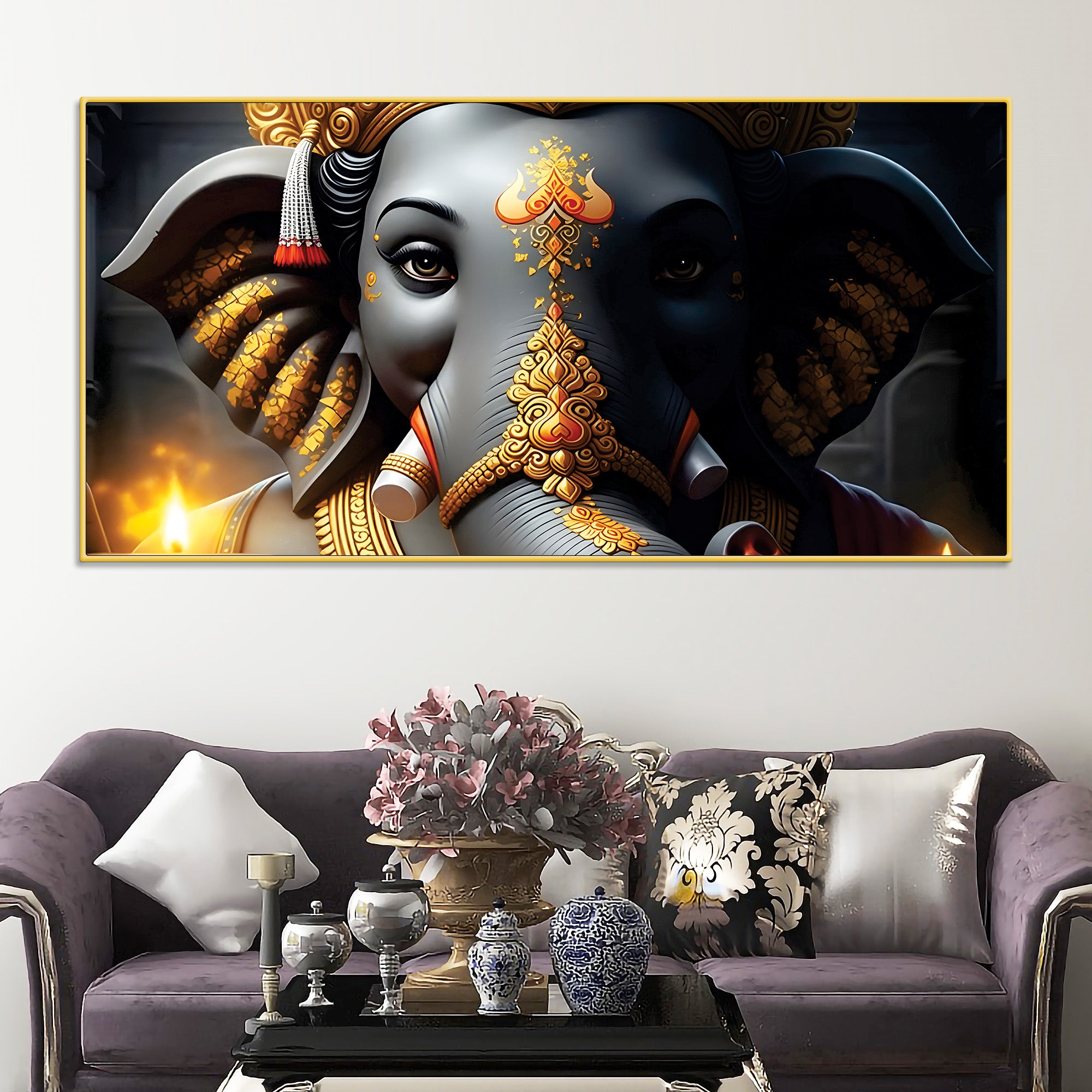 Royal Lord Shri Ganesha Grey & Dark Gold Canvas Wall Painting –  Luxury Spiritual Wall Art for Home & Office Decor
