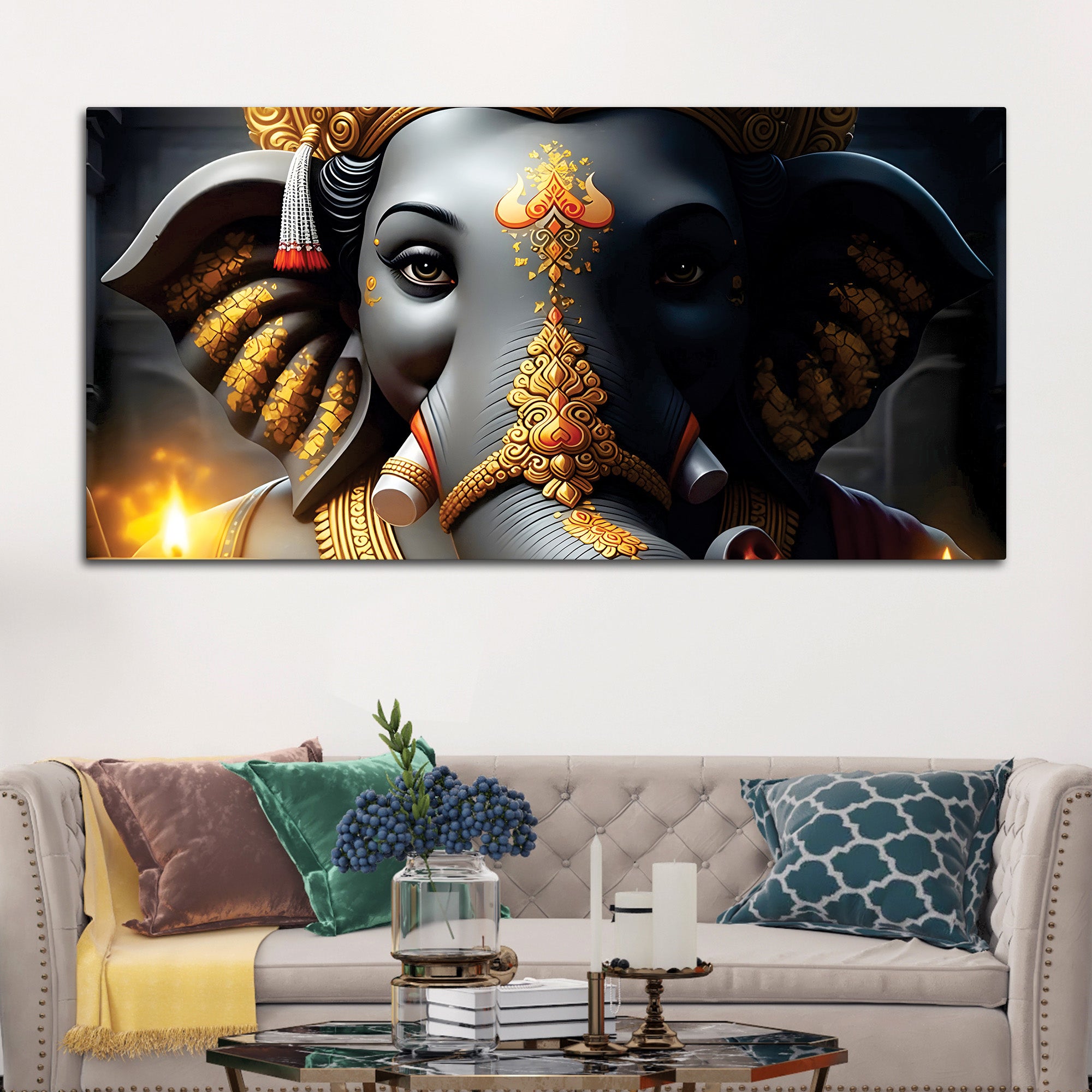 Royal Lord Shri Ganesha Grey & Dark Gold Canvas Wall Painting –  Luxury Spiritual Wall Art for Home & Office Decor