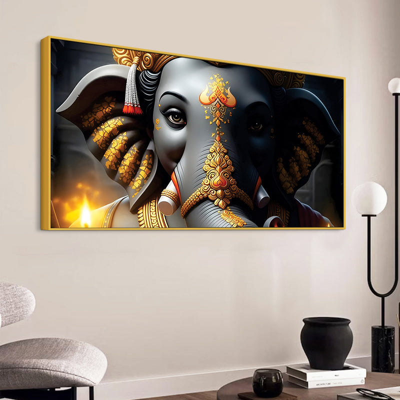 Royal Lord Shri Ganesha Grey & Dark Gold Canvas Wall Painting –  Luxury Spiritual Wall Art for Home & Office Decor