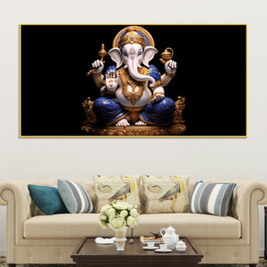 Royal Lord Shri Ganpati Bappa Auspicious Golden & Blue Sculpture Canvas Wall Painting for Home & Office – Modern Religious Wall Decor