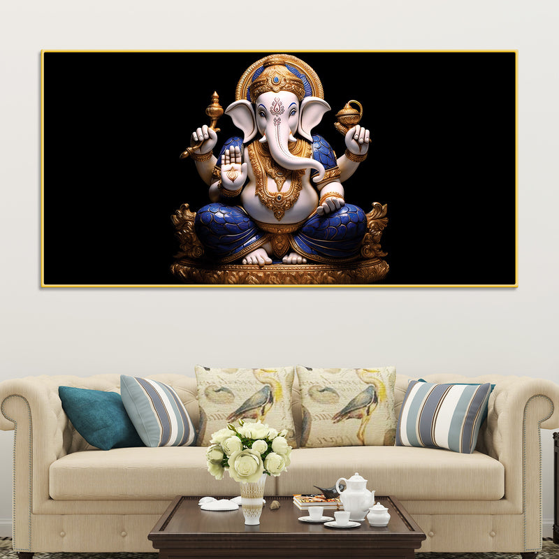 Royal Lord Shri Ganpati Bappa Auspicious Golden & Blue Sculpture Canvas Wall Painting for Home & Office – Modern Religious Wall Decor