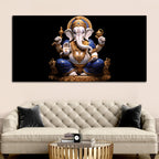 Royal Lord Shri Ganpati Bappa Auspicious Golden & Blue Sculpture Canvas Wall Painting for Home & Office – Modern Religious Wall Decor