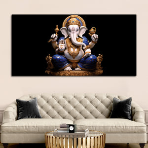 Royal Lord Shri Ganpati Bappa Auspicious Golden & Blue Sculpture Canvas Wall Painting for Home & Office – Modern Religious Wall Decor