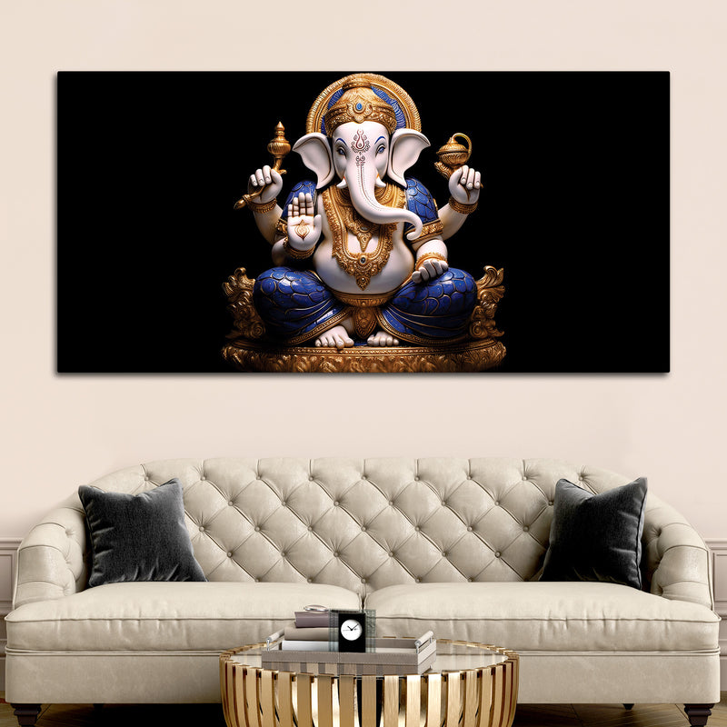 Royal Lord Shri Ganpati Bappa Auspicious Golden & Blue Sculpture Canvas Wall Painting for Home & Office – Modern Religious Wall Decor