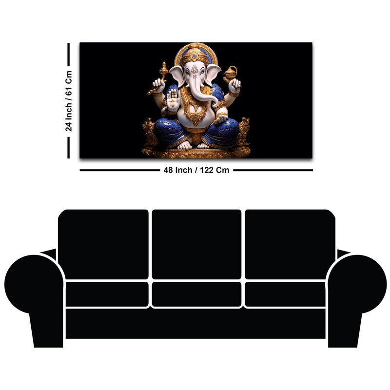 Royal Lord Shri Ganpati Bappa Auspicious Golden & Blue Sculpture Canvas Wall Painting for Home & Office – Modern Religious Wall Decor