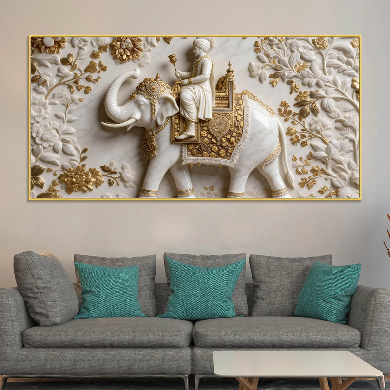 Royal Maharaja Riding on Ornate Elephant 3D Canvas Wall Painting