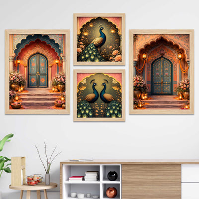 Royal Mughal Doorway & Peacock Art Wall Frame Set of Four