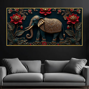 Royal Ornamental Elephant and Scarlet Lotus 3D Canvas Wall Painting