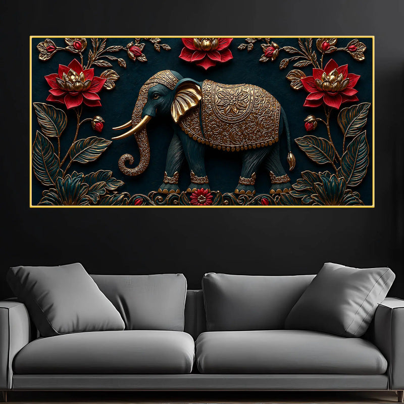 Royal Ornamental Elephant and Scarlet Lotus 3D Canvas Wall Painting