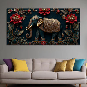 Royal Ornamental Elephant and Scarlet Lotus 3D Canvas Wall Painting