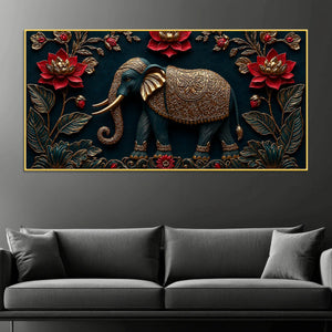 Royal Ornamental Elephant and Scarlet Lotus 3D Canvas Wall Painting