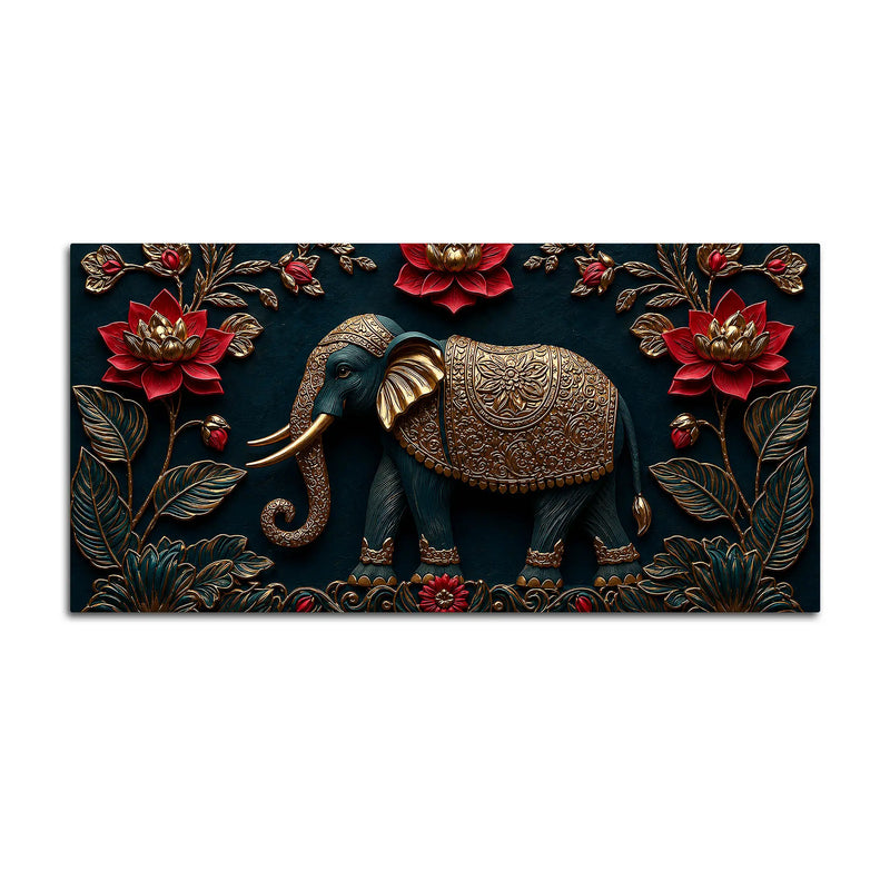 Royal Ornamental Elephant and Scarlet Lotus 3D Canvas Wall Painting
