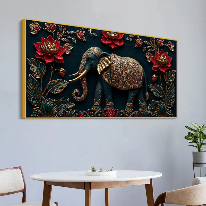 Royal Ornamental Elephant and Scarlet Lotus 3D Canvas Wall Painting