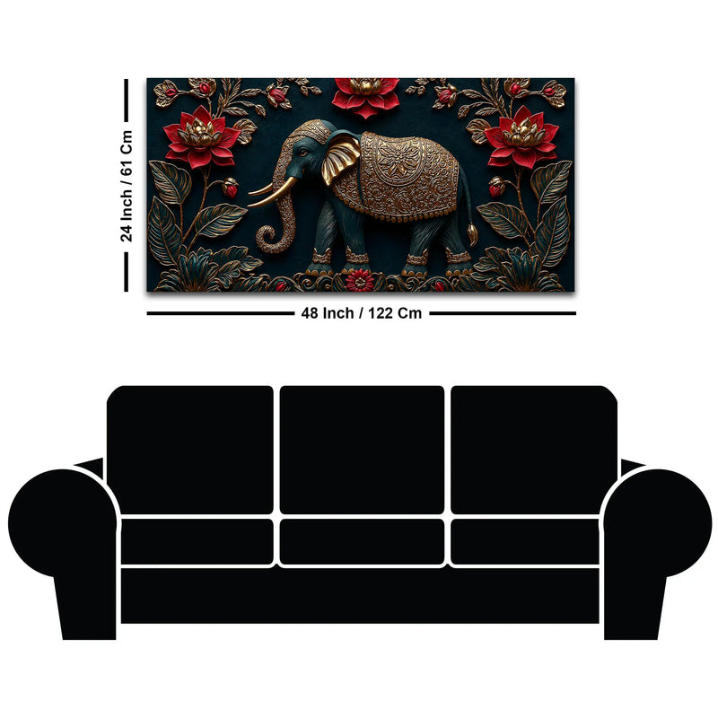 Royal Ornamental Elephant and Scarlet Lotus 3D Canvas Wall Painting