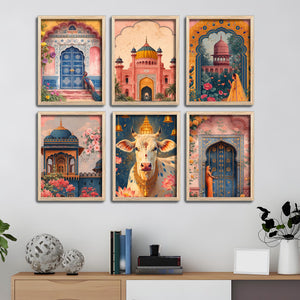 royal-palace-garden-sacred-cow-artwork-wall-frame-set-of-six-for-cultural-decor