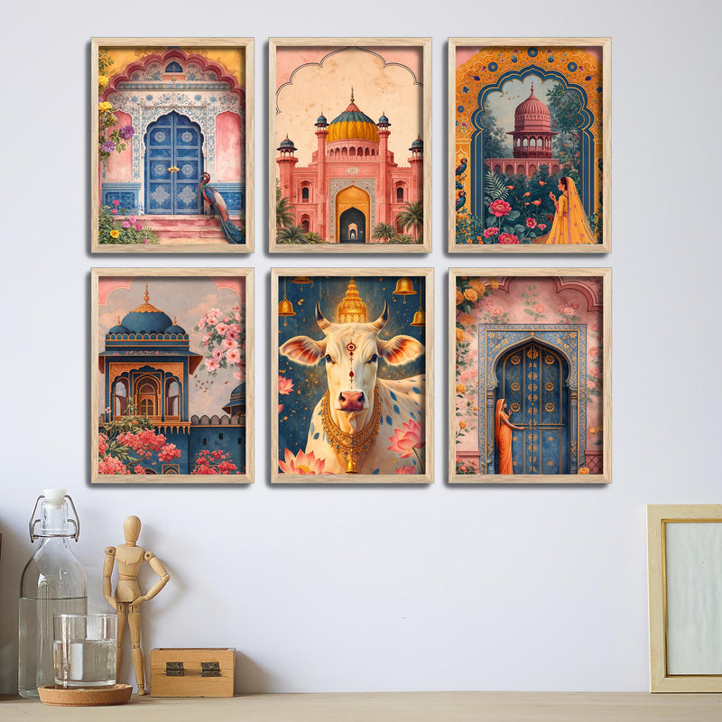 Royal Palace Garden & Sacred Cow Artwork Wall Frame Set of Six for Cultural Decor