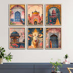Royal Palace Garden & Sacred Cow Artwork Wall Frame Set of Six for Cultural Decor