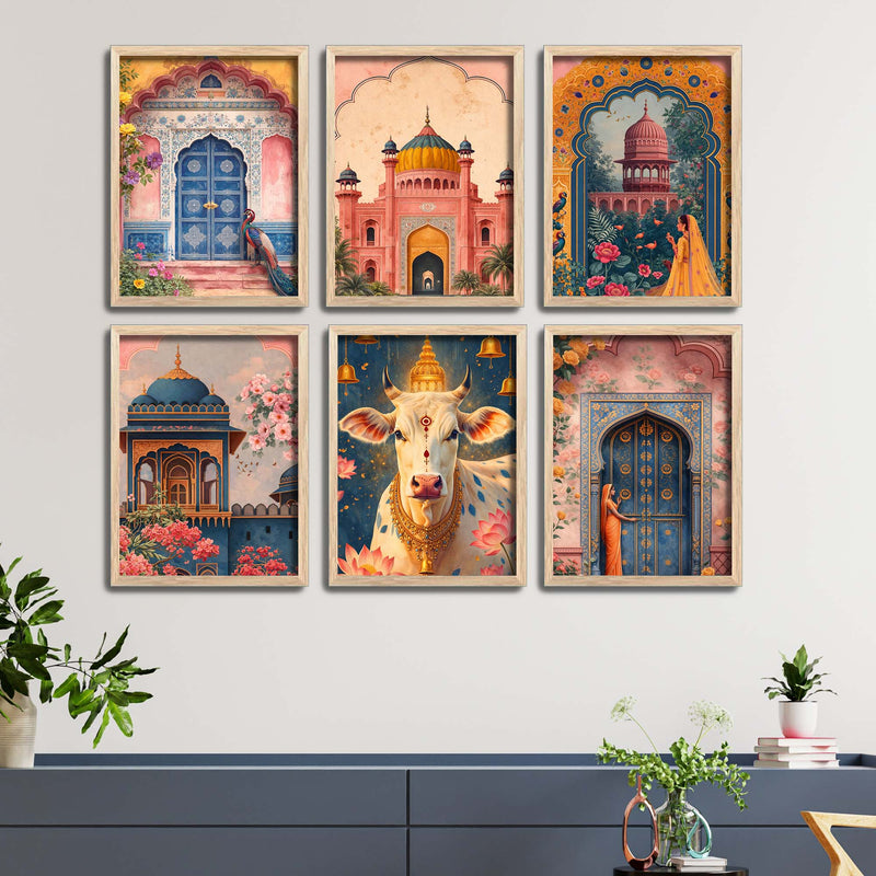 Royal Palace Garden & Sacred Cow Artwork Wall Frame Set of Six for Cultural Decor