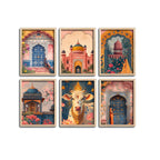 Royal Palace Garden & Sacred Cow Artwork Wall Frame Set of Six for Cultural Decor