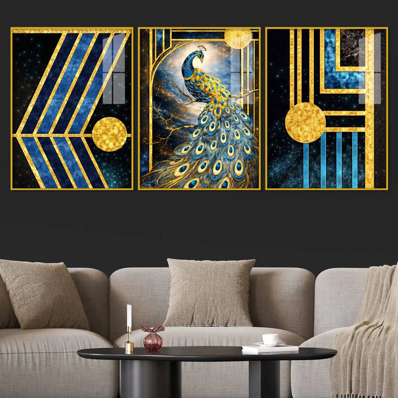Royal Peacock Cosmic Elegance Acrylic Floating Frame Wall Painting Set of 3