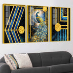 Royal Peacock Cosmic Elegance Acrylic Floating Frame Wall Painting Set of 3