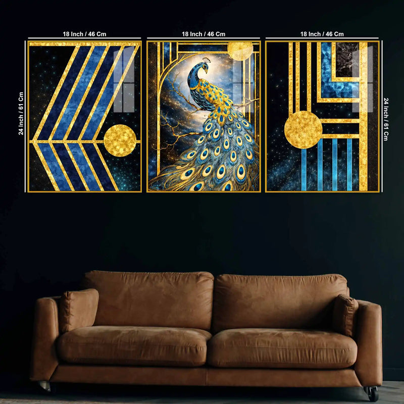 Royal Peacock Cosmic Elegance Acrylic Floating Frame Wall Painting Set of 3