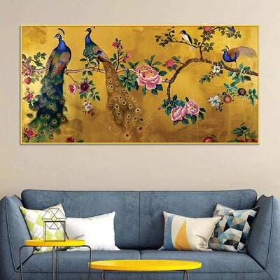 royal-peacock-couple-sitting-on-floral-tree-branch-classic-canvas-wall-painting