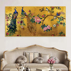 Royal Peacock Couple Sitting On Floral Tree Branch Classic Canvas Wall Painting