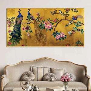 Royal Peacock Couple Sitting On Floral Tree Branch Classic Canvas Wall Painting