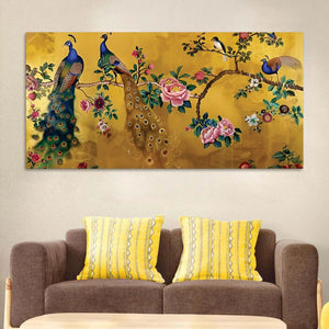 Royal Peacock Couple Sitting On Floral Tree Branch Classic Canvas Wall Painting