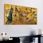 Royal Peacock Couple Sitting On Floral Tree Branch Classic Canvas Wall Painting