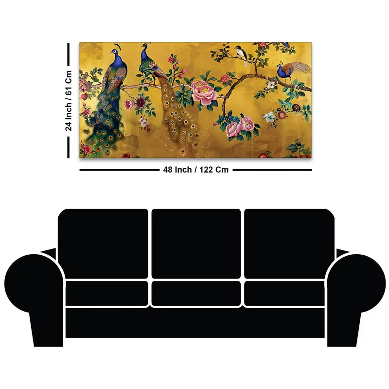 Royal Peacock Couple Sitting On Floral Tree Branch Classic Canvas Wall Painting