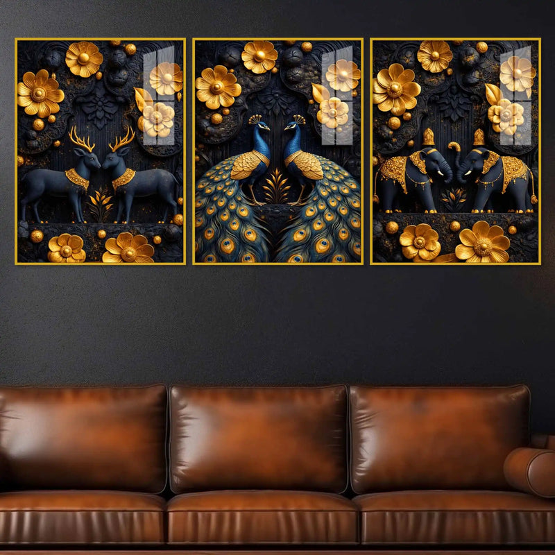 Royal Peacock Deer & Elephant Floating Acrylic Wall Painting Set of 3