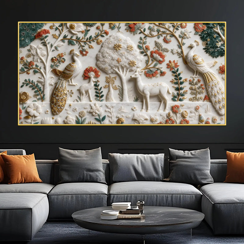 Royal Peacock & Deer in Enchanted Floral Garden 3D Canvas Wall Painting
