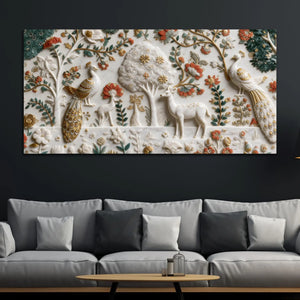 Royal Peacock & Deer in Enchanted Floral Garden 3D Canvas Wall Painting