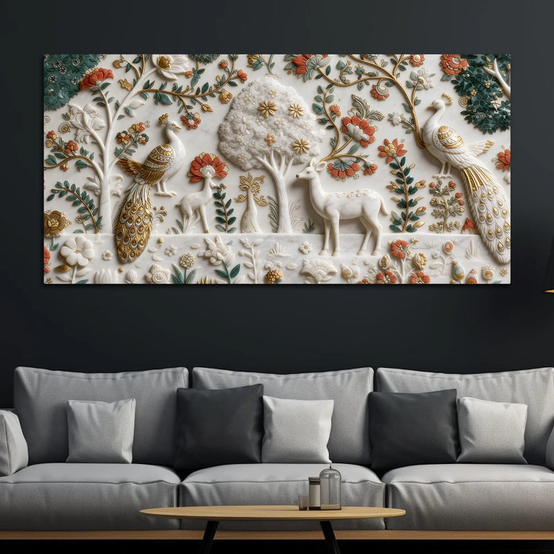 Royal Peacock & Deer in Enchanted Floral Garden 3D Canvas Wall Painting