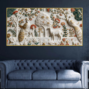 Royal Peacock & Deer in Enchanted Floral Garden 3D Canvas Wall Painting